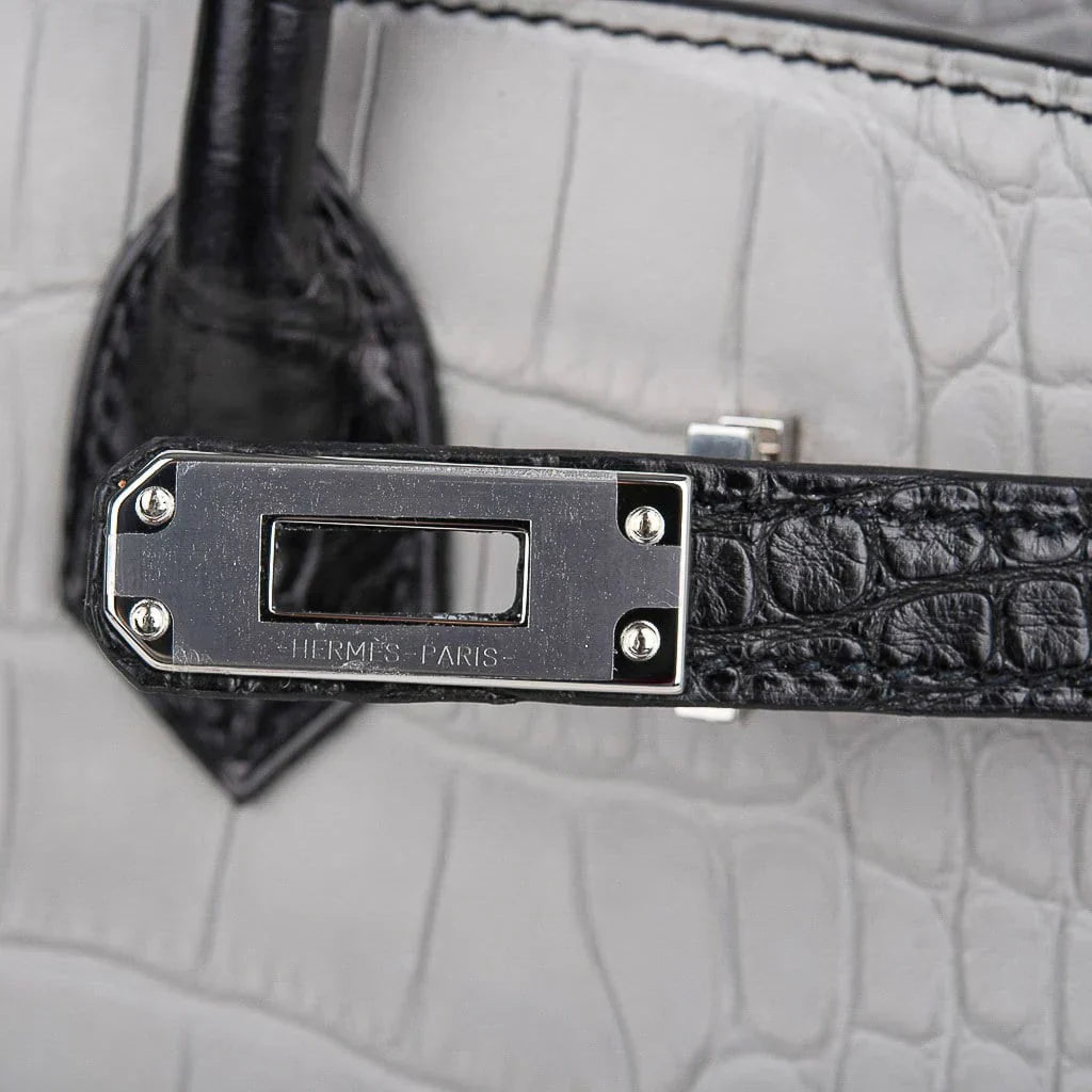 Birkin 25 HSS Bag Gris Perle / Black Matte Alligator Palladium Hardware