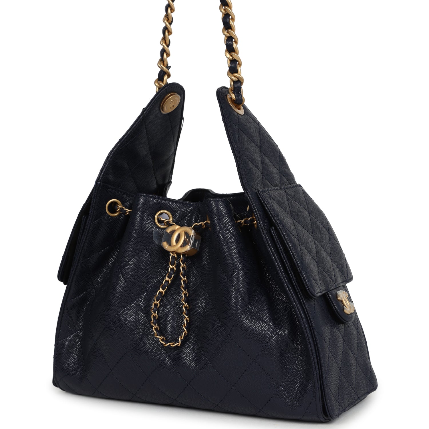 Chanel Small 25 Hobo Bag Dark Navy Caviar Antique Gold Hardware
