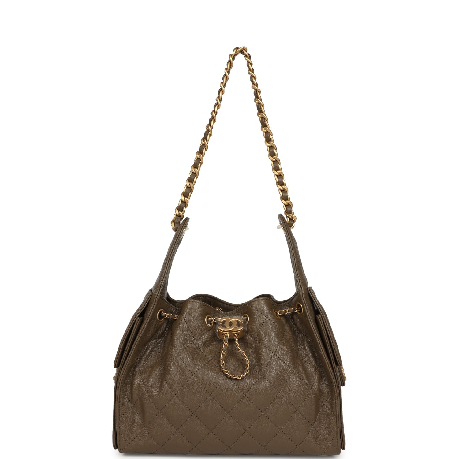 Chanel Small 25 Hobo Bag Dark Khaki Caviar Antique Gold Hardware