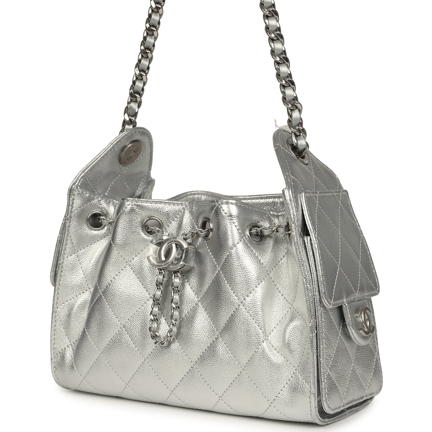 Chanel Mini 25 Hobo Bag Metallic Silver Caviar Silver Hardware