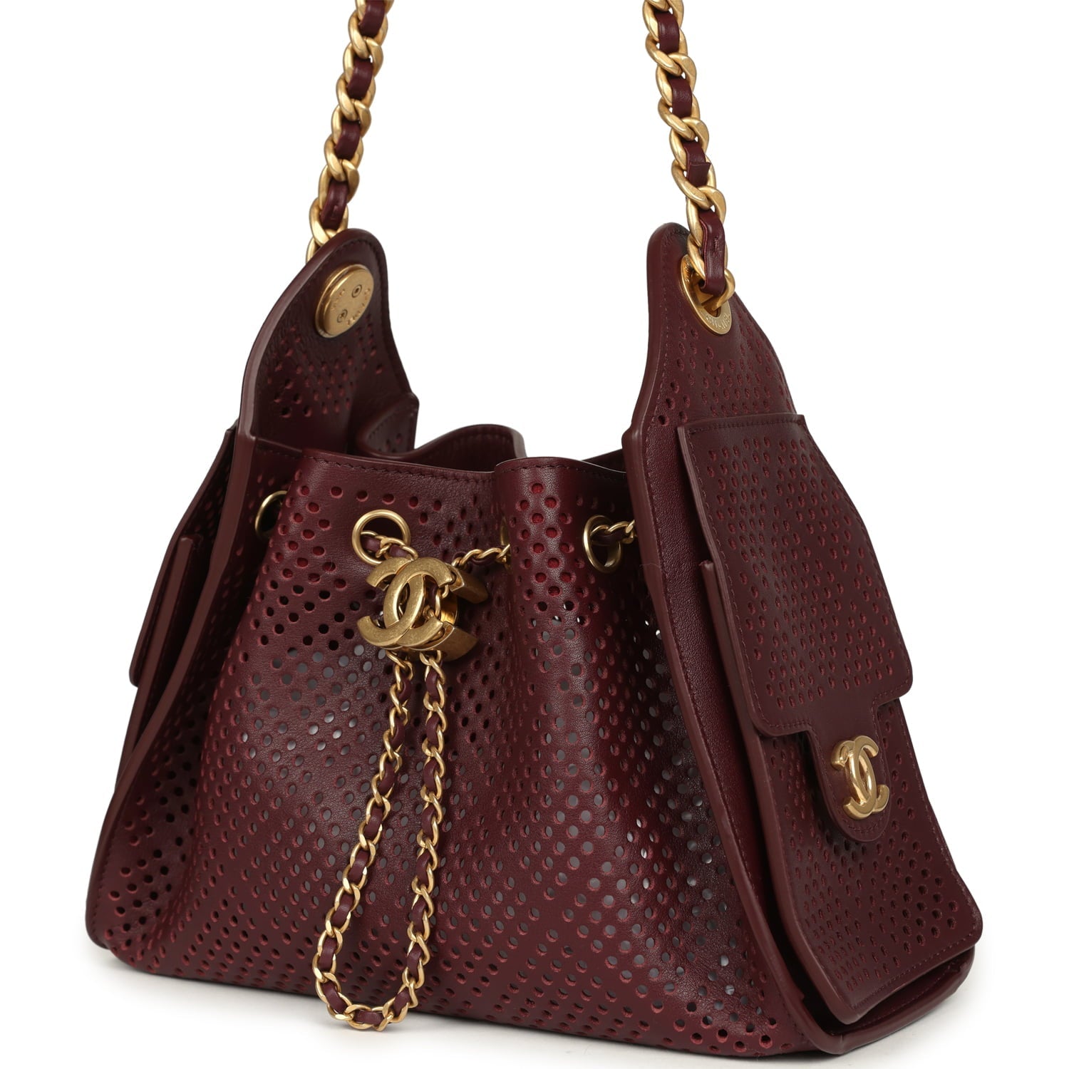 Chanel Mini 25 Hobo Bag Dark Burgundy Perforated Calfskin Antique Gold Hardware