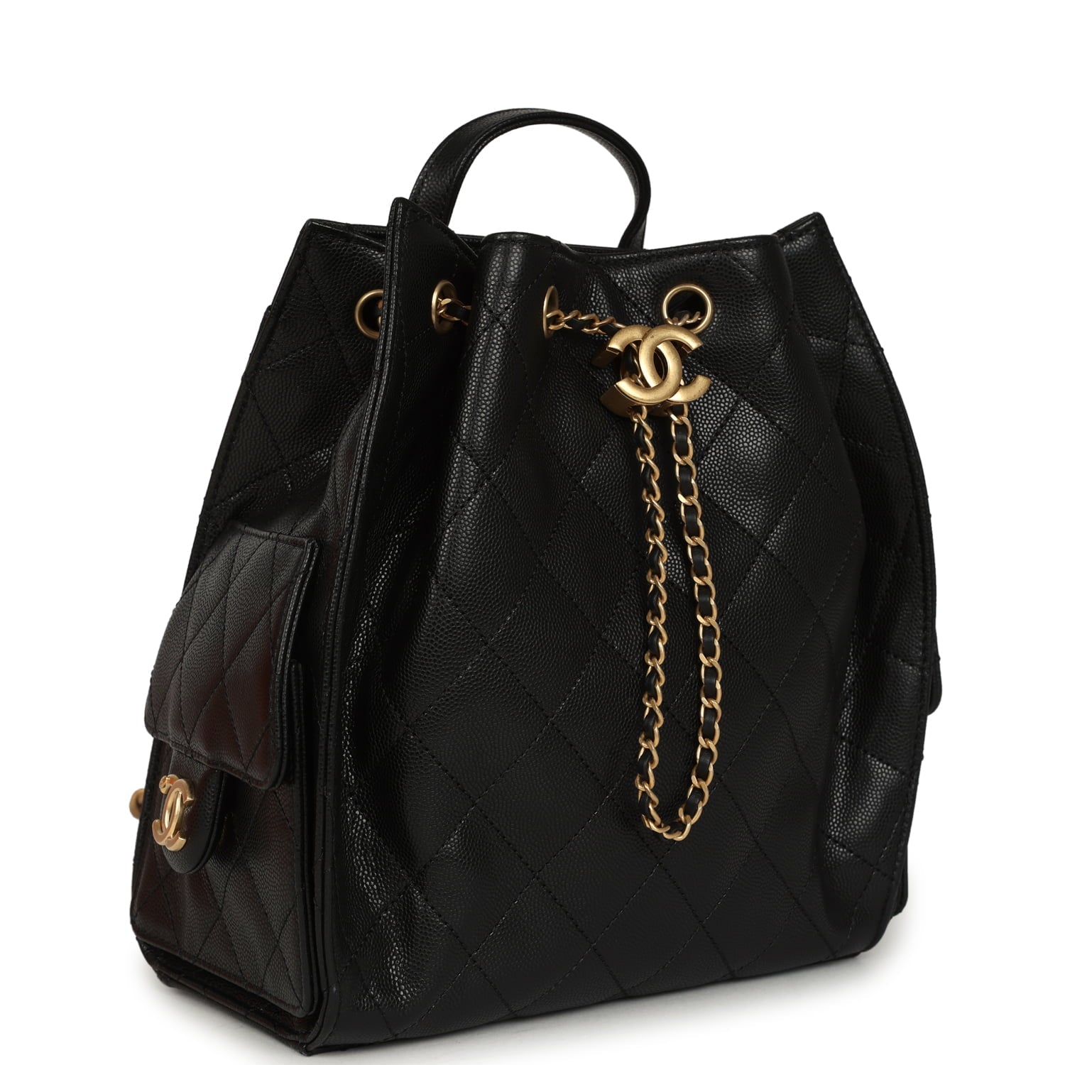 Pre-owned Chanel Small 25 Hobo Backpack Black Caviar Antique Gold Hardware