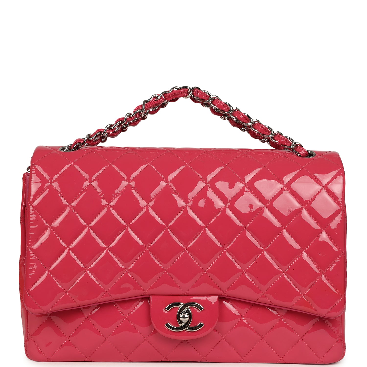 Pre-owned Chanel Maxi Classic Double Flap Bag Dark Pink Patent Silver Hardware