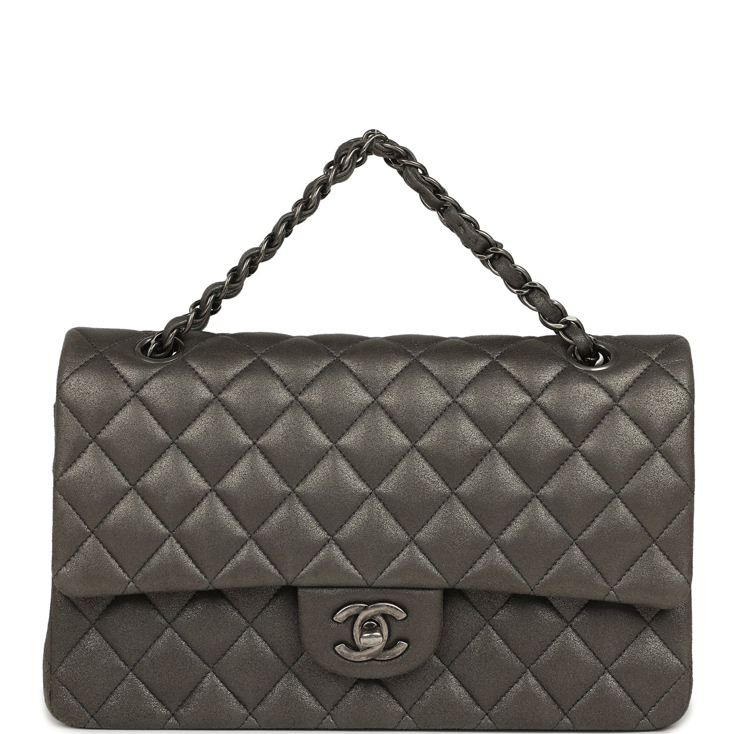 Pre-owned Chanel Medium Classic Double Flap Bag Charcoal Metallic Goatskin Aged Ruthenium Hardware