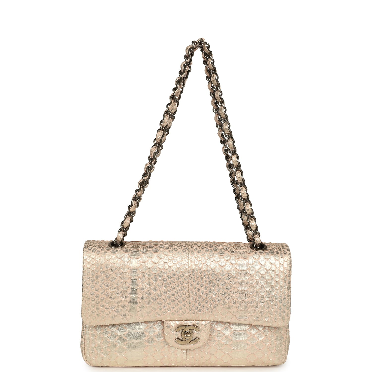Pre-owned Chanel Medium Classic Double Flap Bag Light Pink, Silver Python Aged Bronze Hardware