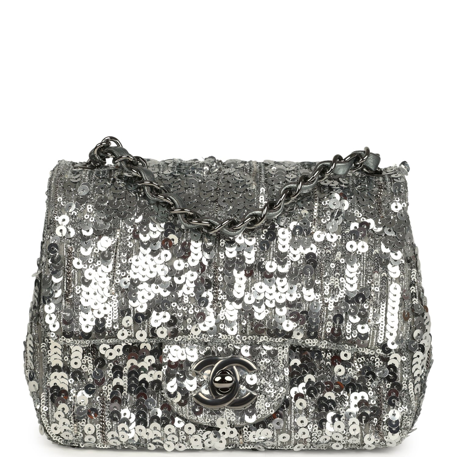Chanel Mini Classic Square Flap Bag Metallic Silver Sequins Ruthenium Hardware