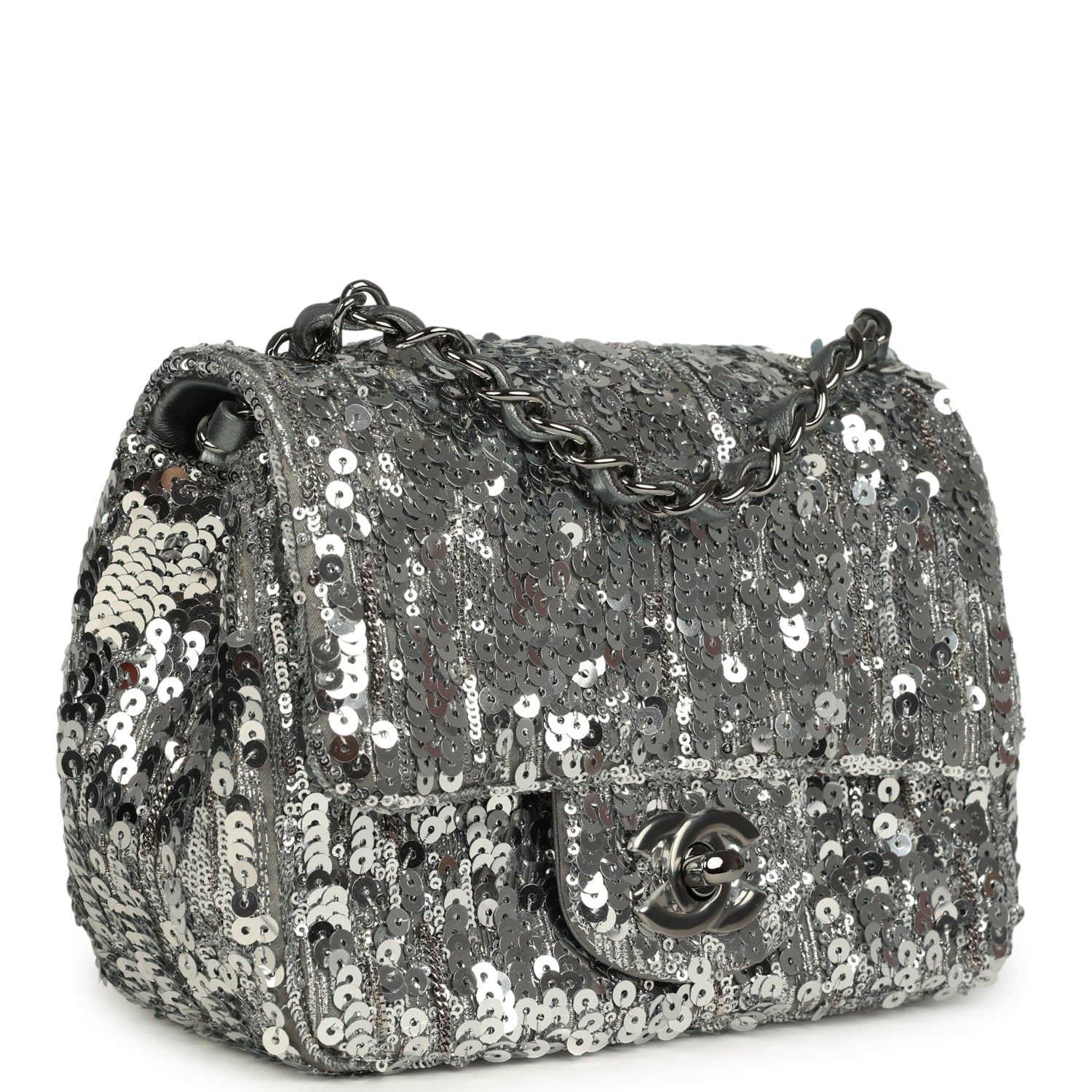 Chanel Mini Classic Square Flap Bag Metallic Silver Sequins Ruthenium Hardware