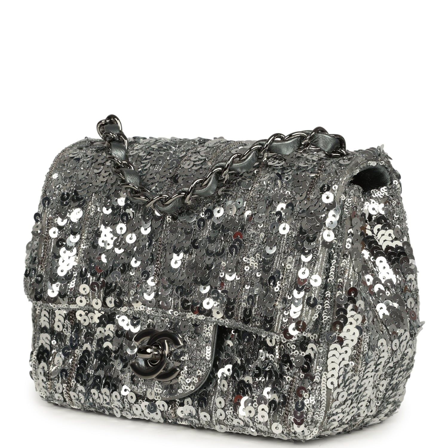Chanel Mini Classic Square Flap Bag Metallic Silver Sequins Ruthenium Hardware