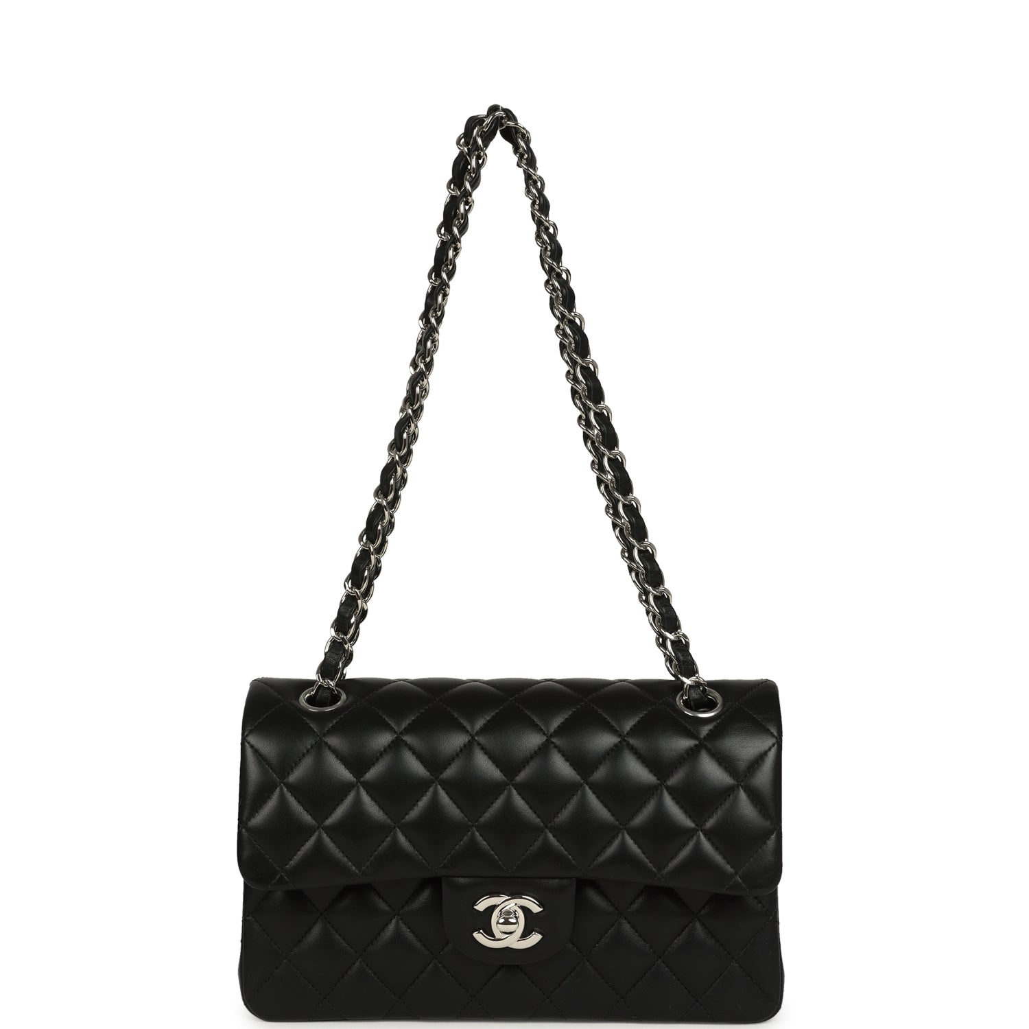 Pre-owned Chanel Small Classic Double Flap Bag Black Lambskin Silver Hardware