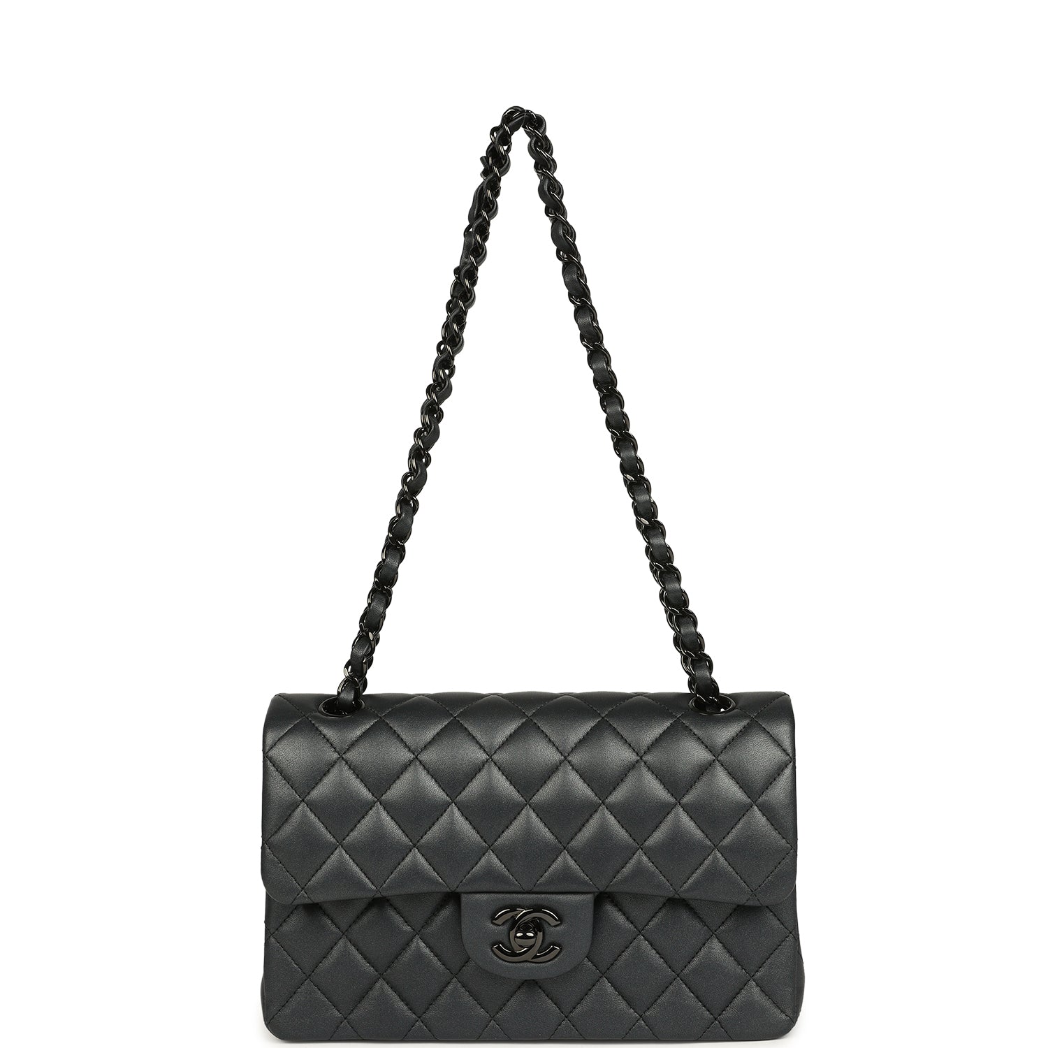 Pre-owned Chanel Small Classic Double Flap Bag So Black Iridescent Lambskin Black Hardware