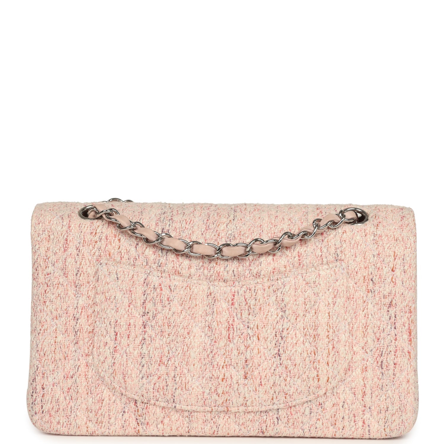 Vintage Chanel Medium Classic Double Flap Bag Light Pink and White Tweed Silver Hardware