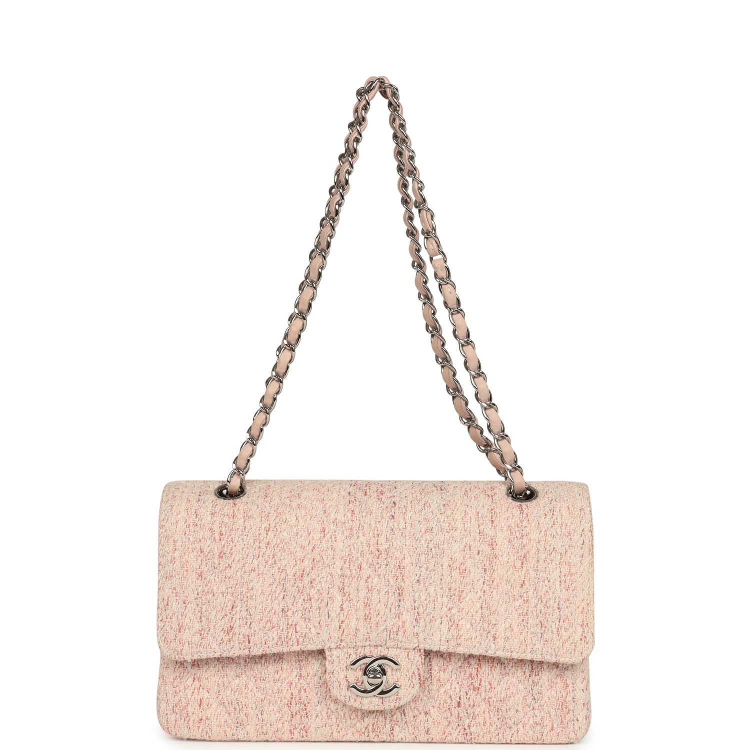 Vintage Chanel Medium Classic Double Flap Bag Light Pink and White Tweed Silver Hardware